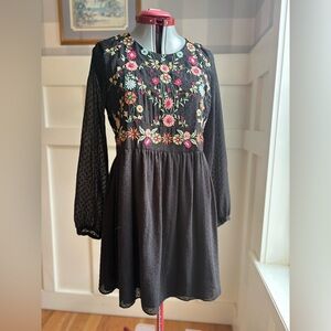 Zara Black Mini Dress with Multicolor Floral Embroidery